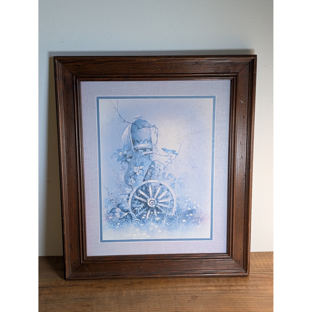 Vintage Home Interior Bluebird Mailbox Framed Art Print Rustic Wood Frame 17x20